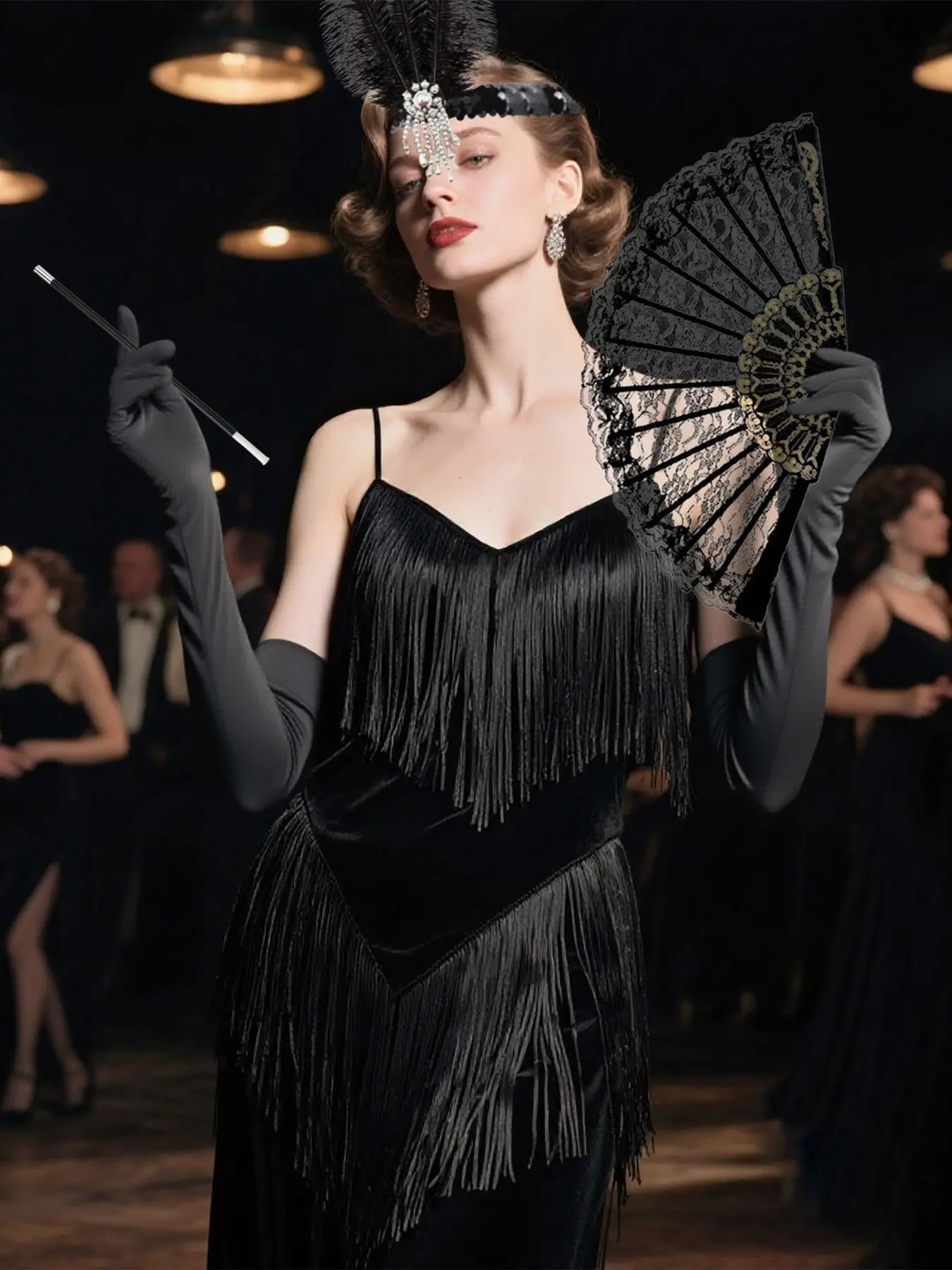 1920s Gatsby Feather Headband Set, Vintage Lace Fan, Long Gloves, Cigar Holder, Retro Flapper Party Accessories, 4pcs