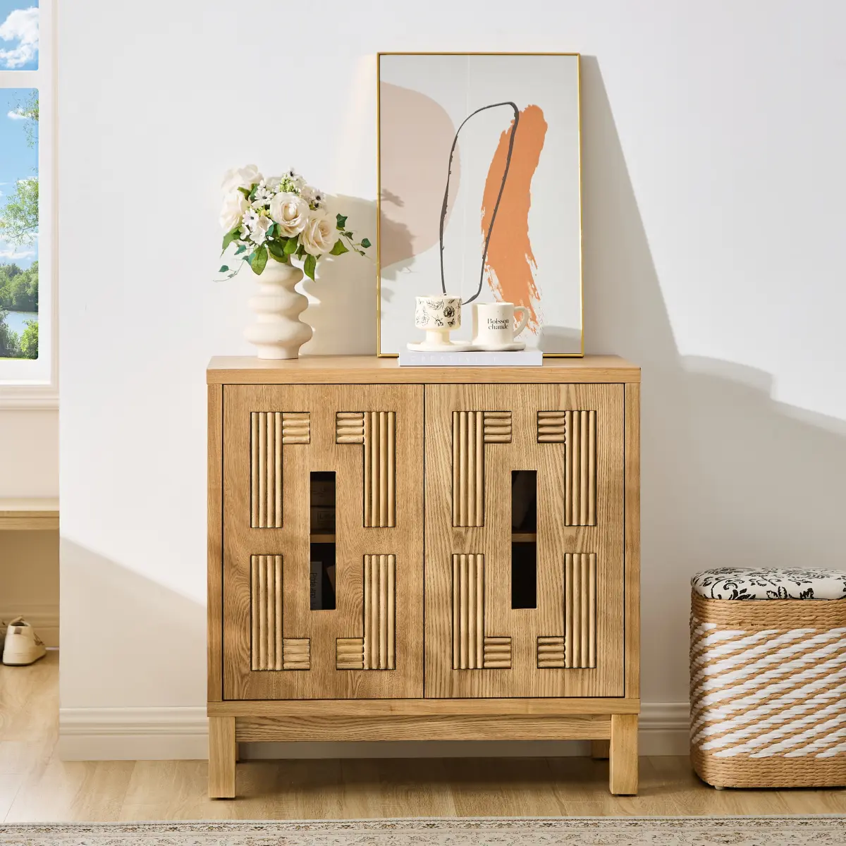 31.5 Inch Natural Wood Rectangular P2 MDF Sideboard Buffet Cabinet, Carved Openwork 2 Door Storage Cabinet With Adjustable Shelf & Wire Hole Solid Wood Legs Space Saving Multi-Purpose Storage Cabinet For Kitchen Entryway Living Room