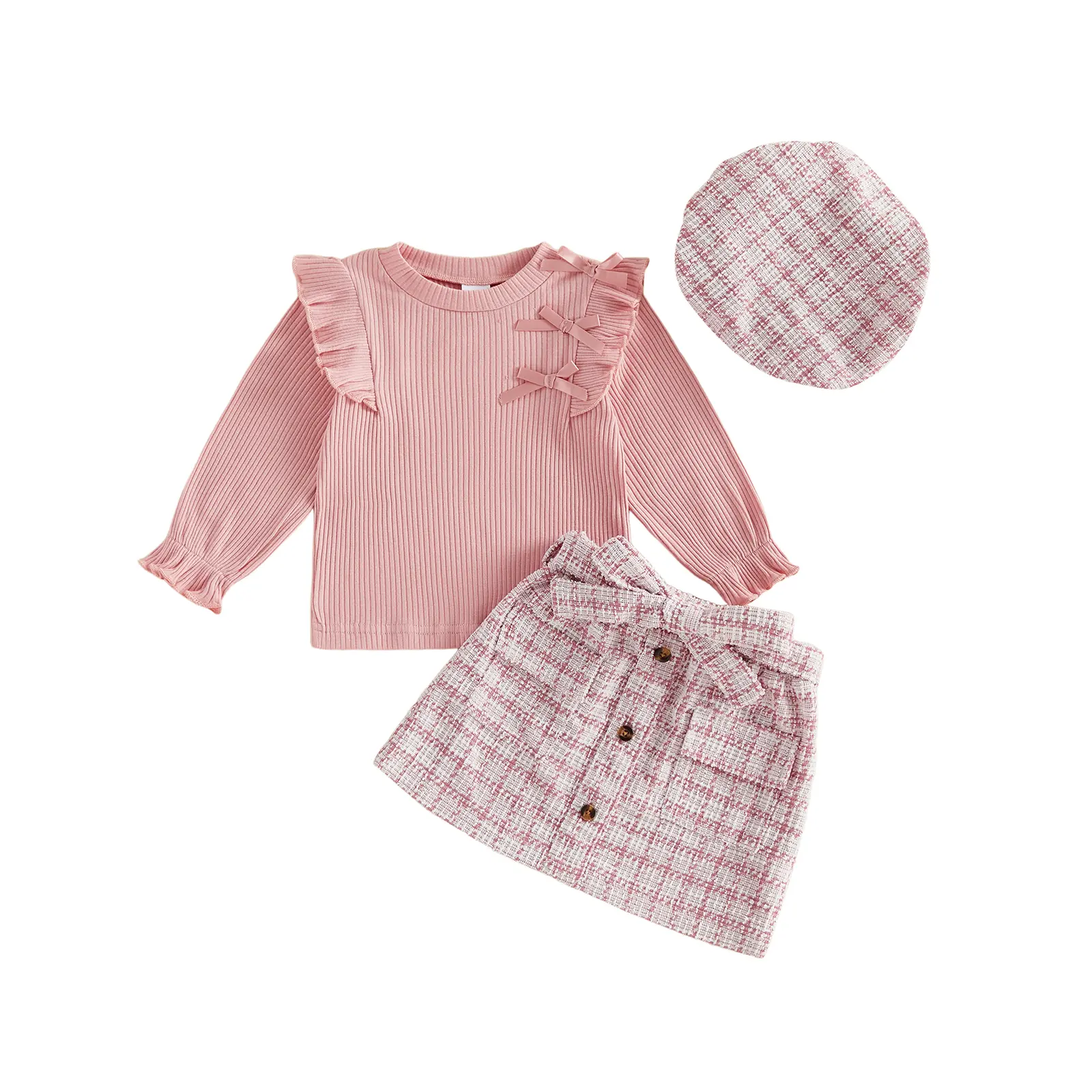 Toddler Baby Little Girl Outfit Long Sleeve Sweatshirt Shirt Houndstooth Tweed Skirt and Beret Hat Set Fall Winter 1-5 Years