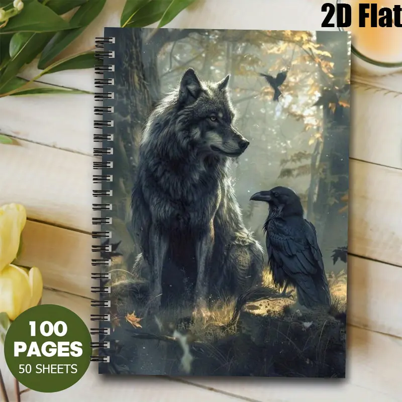 1 Spiral Bound Notebook 5.7x8.26 Inch, Premium Lined Pages, Durable Coil Binding, Wolf & Raven Forest Design, Perfect for Camping Journal, Travel Diary, Hiking Notes, Birthday Gift for Outdoor Enthusiasts, Nature Lovers' Daily Planner [2D] Flat