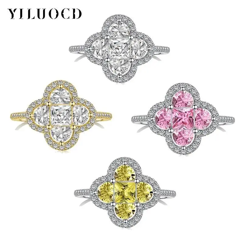YILUOCD Shiny 5A Cubic Zirconia Four Clover Rings for Women CZ Lucky Ring Daily Classic Jewelry Lady Party Banquet Gifts