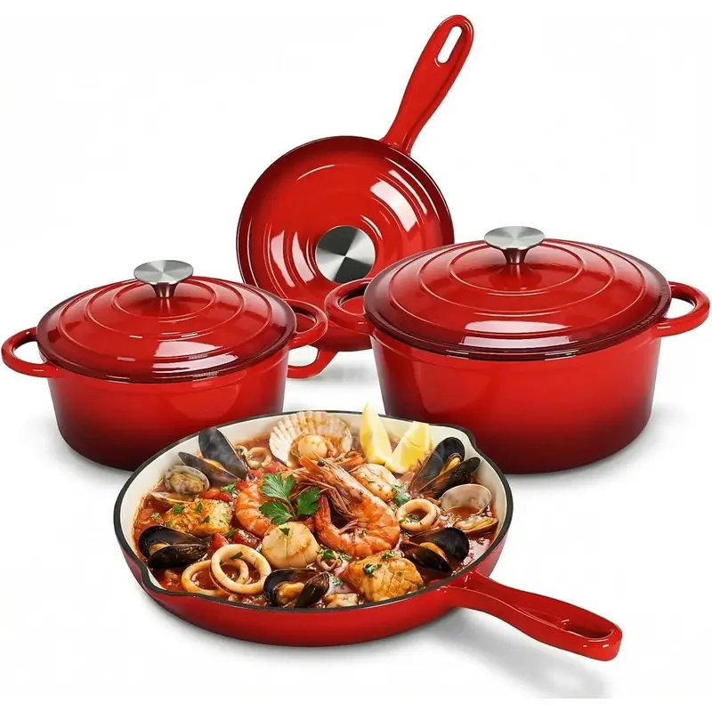 4PCS Non Stick Coated Cast Iron Cookware Set Dutch Oven Set For Gas Stove Induction Cooktop PFOA PFAS Free Summer Garden Series Frying Pan Skillet Tortilla Grill Pan Cooking Pot Set
