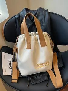 Drawstring Tote Bag, Large Capacity Versatile Commuter, Shoulder & Crossbody, Original Letter Embroidery, American Casual Style, Daily Use Essential