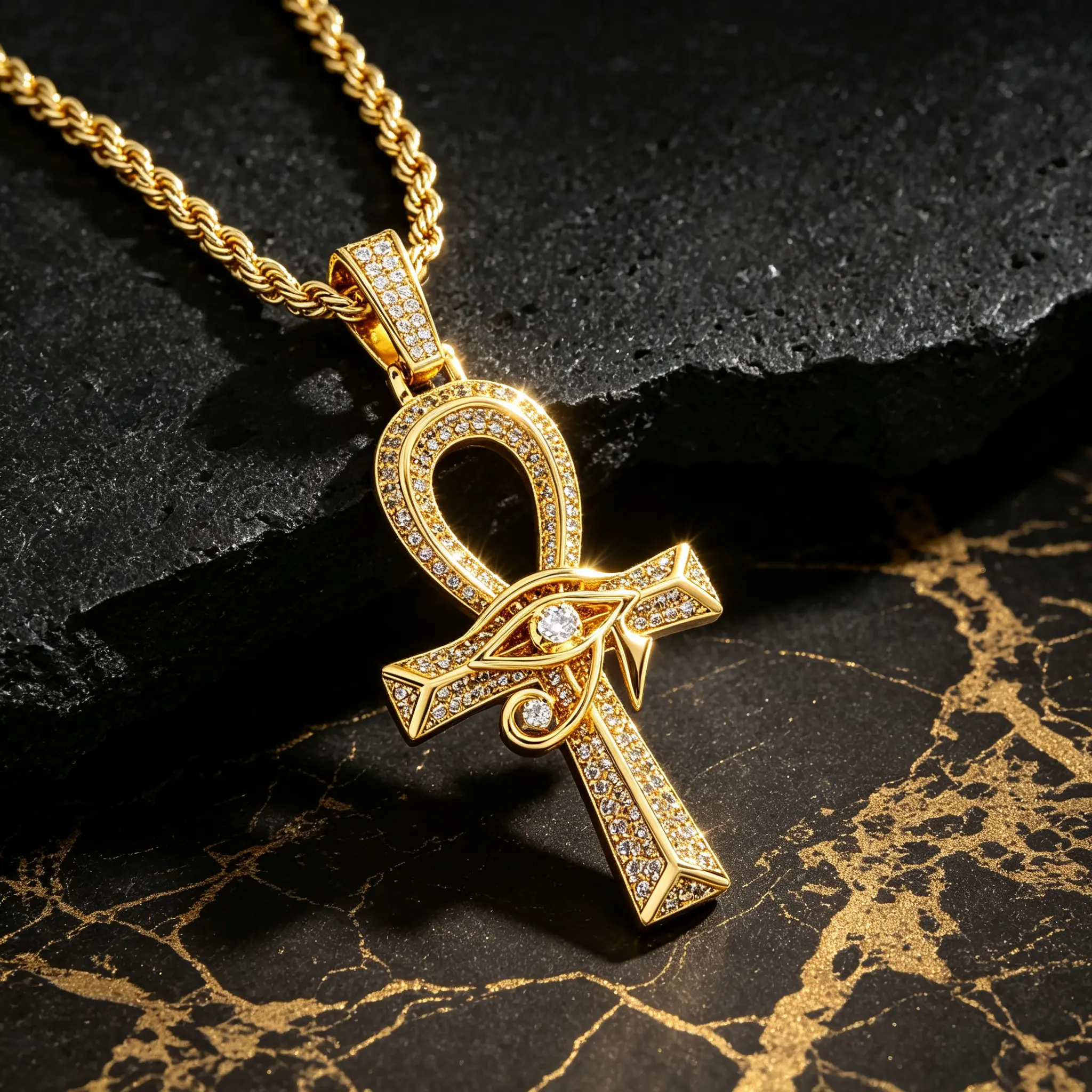 Iced Out Eye of Horus Ankh Cross Pendant Necklace, Gold‑Tone Plated Copper Cubic Zirconia Egyptian Life Symbol Necklace, Hip Hop Vintage Religious Totem Rope Chain Jewelry for Men Women