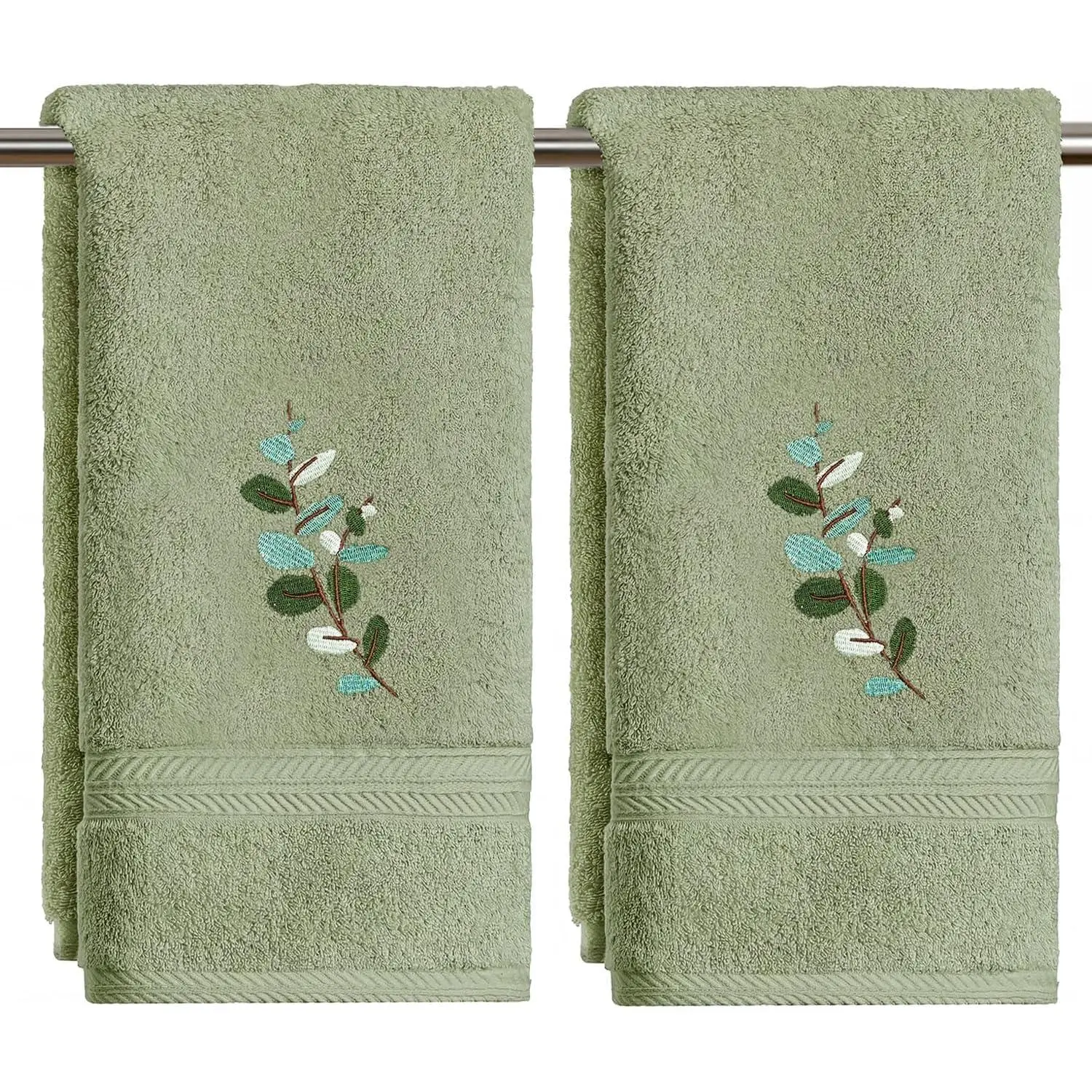 Artoid Mode 2-Piece Sage Green Eucalyptus Embroidery Cotton Hand Towels, Soft Absorbent Farmhouse Decor for Bath & Gym, 13.7x29.5" Bathroom Towels, Rust