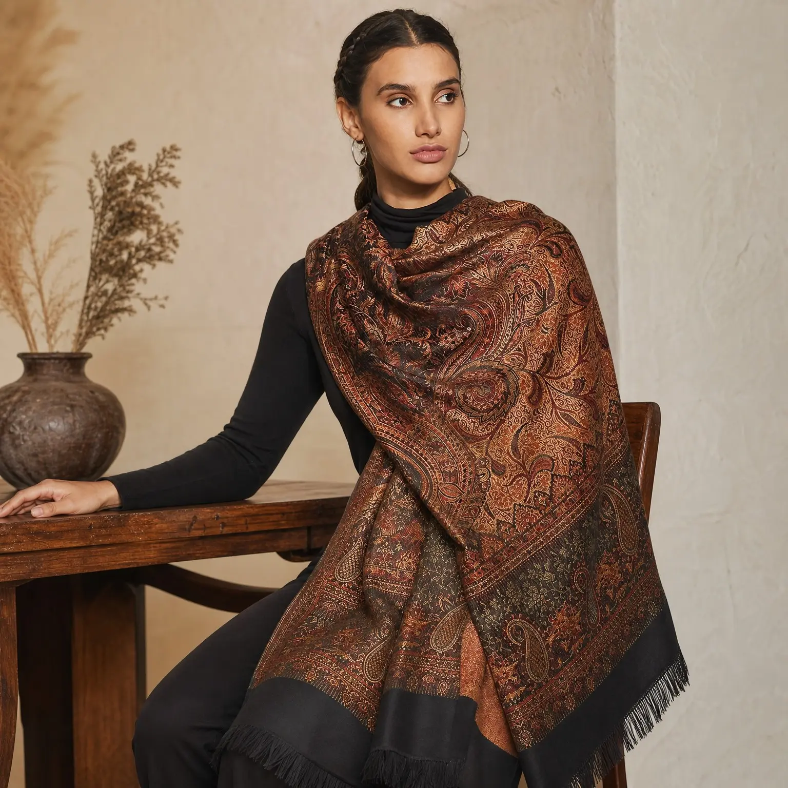 Women's Pashmina Wool Blend Indian Handicraft Woven Shawl Scarf Wrap, Large 40 x 80 Inches(Gift)