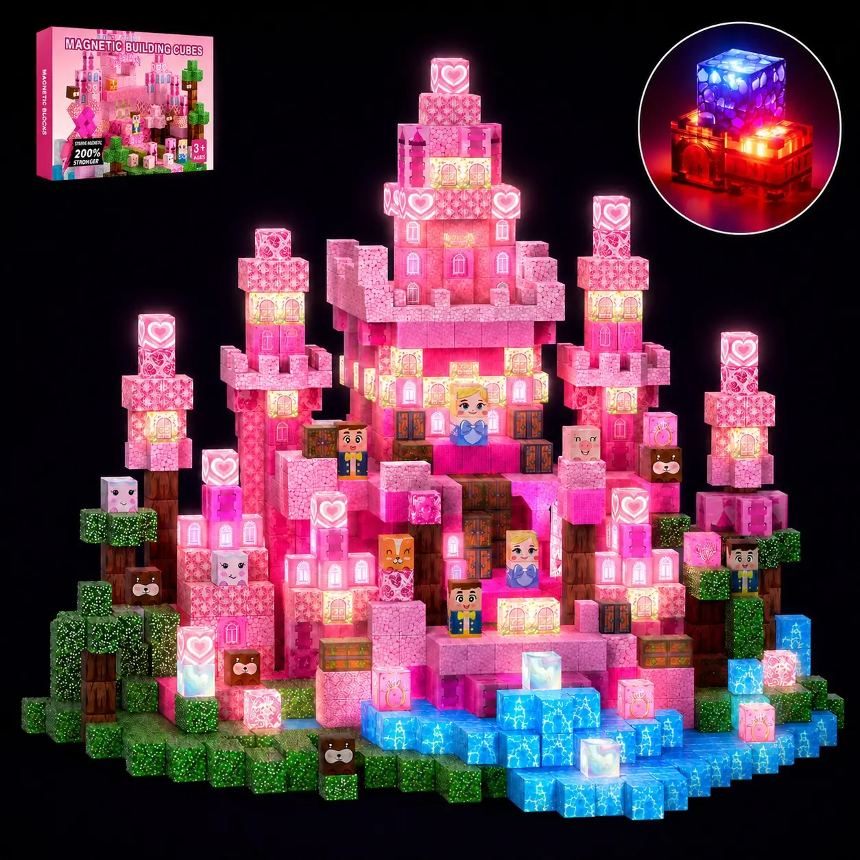 Glow Magnetic Cubes Princess Castle Building Blocks, Unisex Toy Set, Stem Education, Girl Gift, Ages 3-12, Choking Hazard Warning