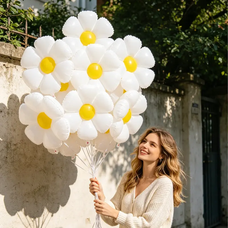 25Pcs large white daisy balloons perfect for birthday parties, holidays, weddings, anniversaries, New Year's celebrations, and Christmas decorations.