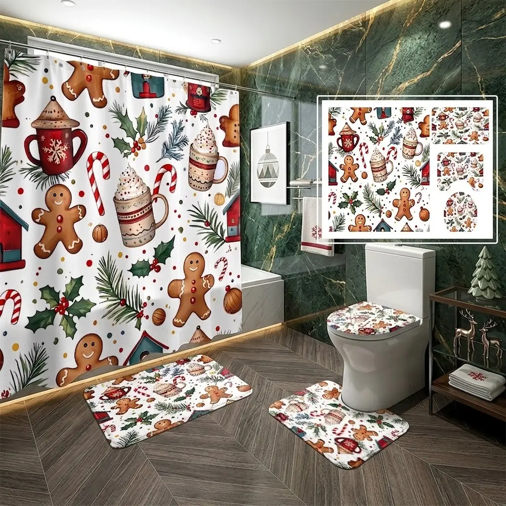 4pcs Christmas Gingerbread Man Hot Cocoa Holly Candy Cane Seamless Pattern Shower Curtain Set, Winter Holiday Bathroom Kit with Toilet Lid Cover & Matching Floor Mats,The floor mat fabric is thicker and softer!  Xmas Home Bathroom Decor