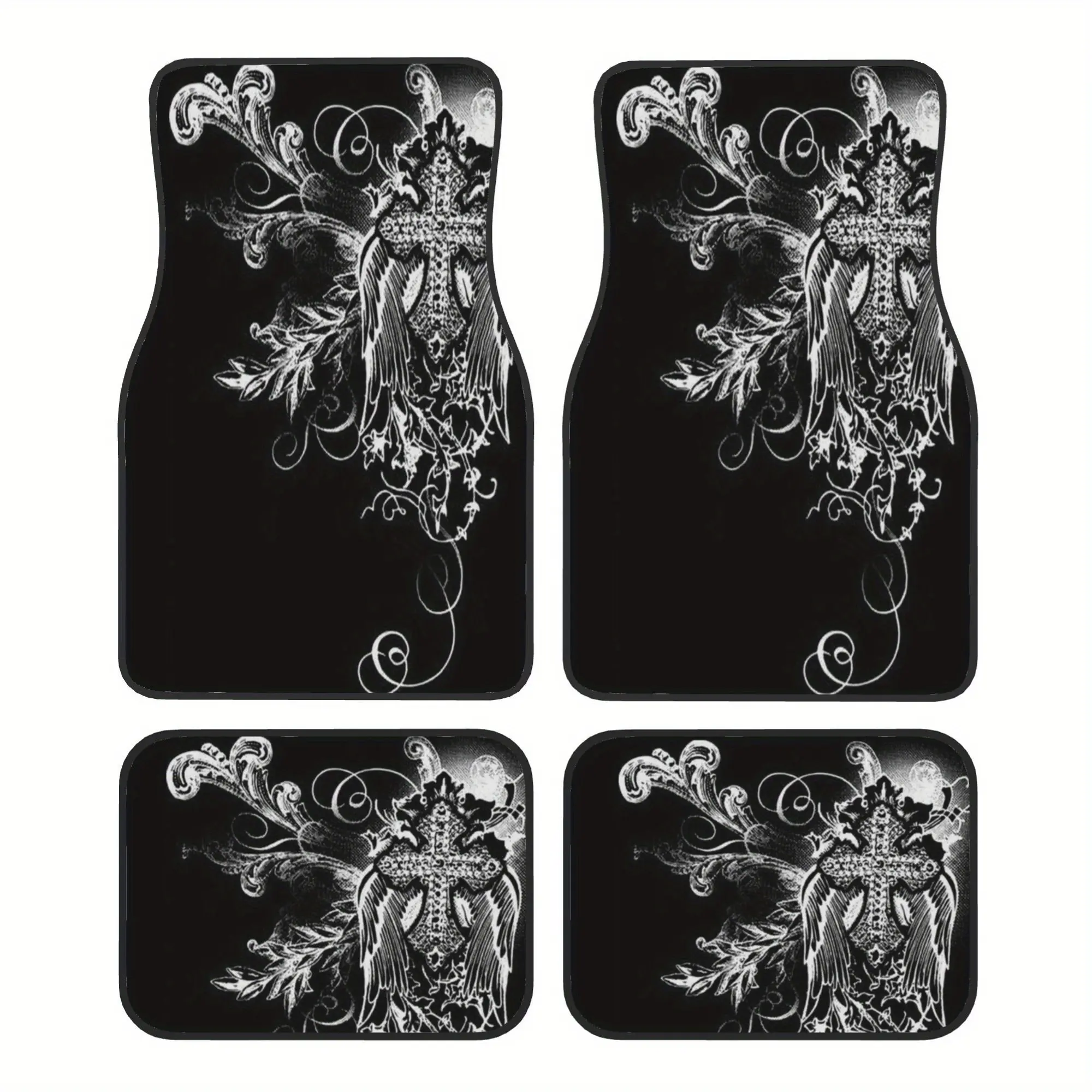 Gothic Cross and Angel Universal Car Floor Mats, Elegant Floral Design, 4-Piece Set, 100% Polyester Fiber Car Interior Decoration, Front and Rear Floor Mats, Stylish Vehicle Carpet Protection