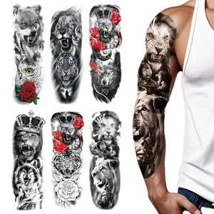 6 Sheets Full Arm Temporary Tattoo Sleeves, Large Fake Tattoos for Men and Women, Realistic Lion, Tiger, and Wolf Tattoo Stickers, Waterproof and Long Lasting