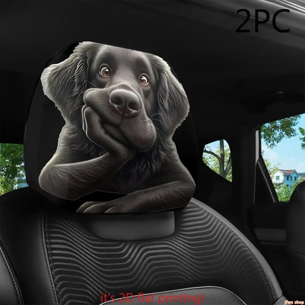 2pcs Cotton Black Dog Flat Print Car Headrest Covers, Universal Fit Auto Interior Decor, Washable Easy-Install Seat Protectors for Christmas Travel