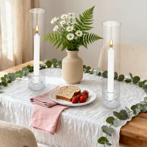 Windproof Tall Glass Hurricane Candle Holders Set of 6, 12" Tall Clear Candleholder Chimney Tube, 2.2" Taper Candlestick Holder with Cylinder Sleeves for Wedding Christmas Birthday Decor