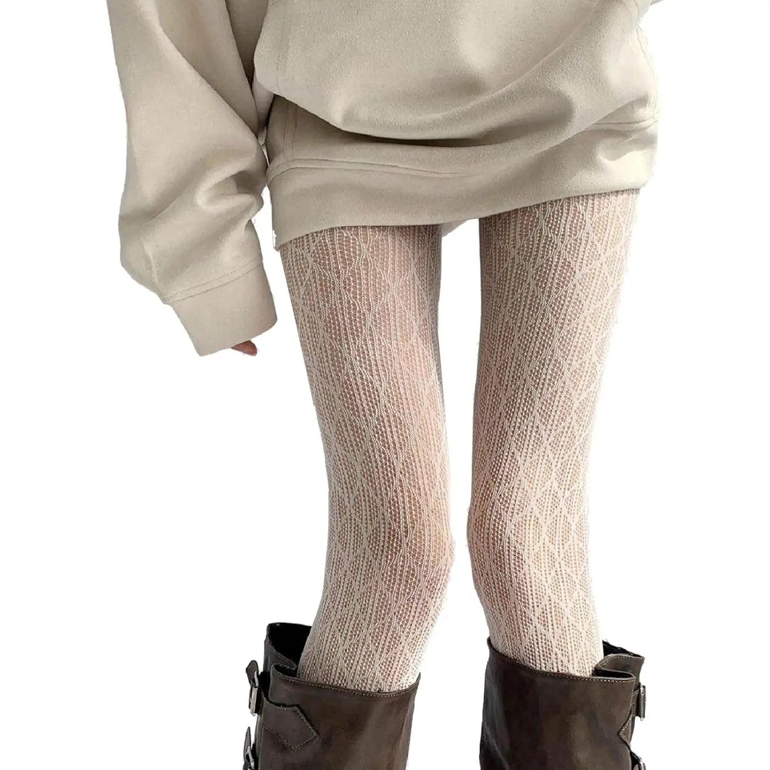 Women's Fashion Essential Feminine French Romantic Vertical Stripe Diamond Hollow Lace Fishnet Tights - White Anti-Snagging Everyday Style Pantyhose, Geometric
