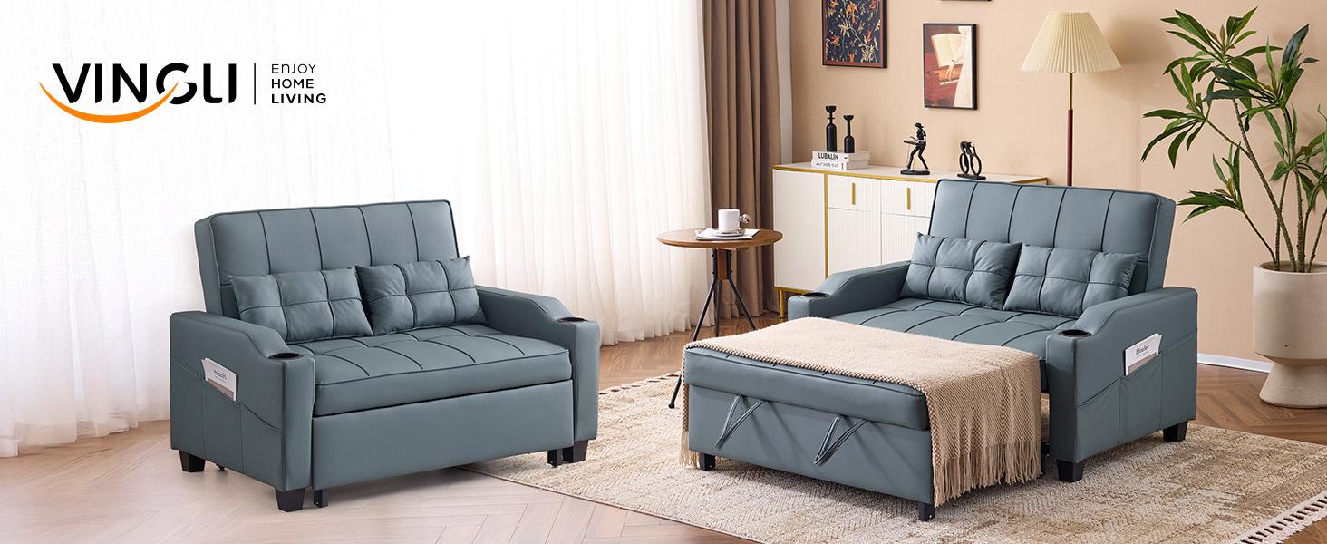 VINGLI Futon Sofa Bed Convertible Loveseat Sleeper Couch, Faux Leather Pullout Sofa Fold Out Couch Bed with USB Ports, Cup Holders, Armrest for Living Room, Bedroom Apartment Room