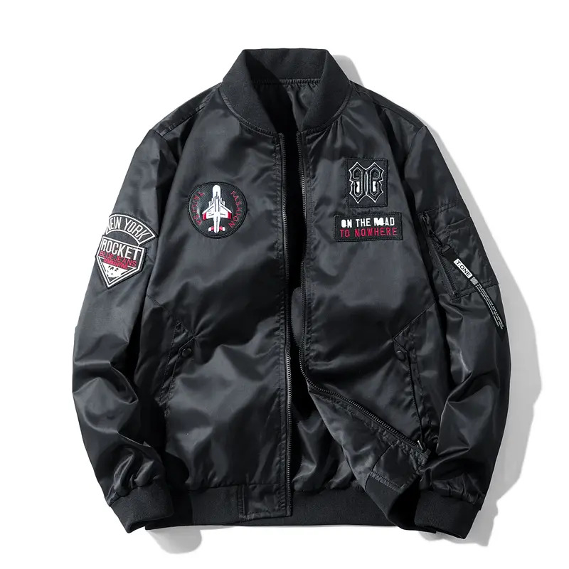 Men's Flight Bomber Jacket MA-1 Military Style Satin Shell Patches Arm Zipper Pocket Ribbed Collar Cuffs Windproof Outerwear Male Clothing Apparel cozy soft cool clean chic active sporty casual premium classic stylish durable trendy relaxed comfy 3-Colors