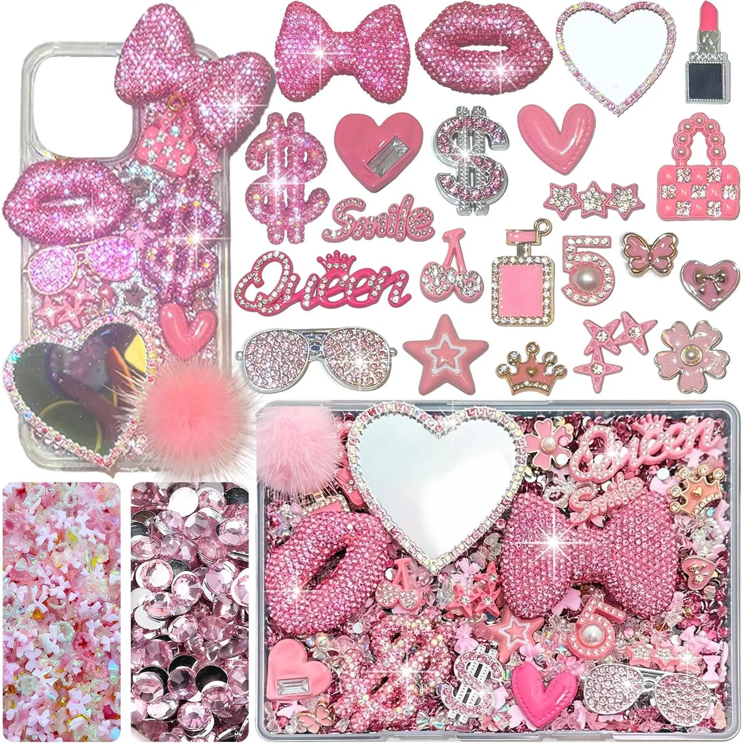 Gehaiwo Pink Junk Case Charms Kit, Junks Phone Cases with Rhinestone Accessories and Full Diamond Bow Lips Dollar Sign Pom Resin Kits Mirror with DIY Phones Decorations