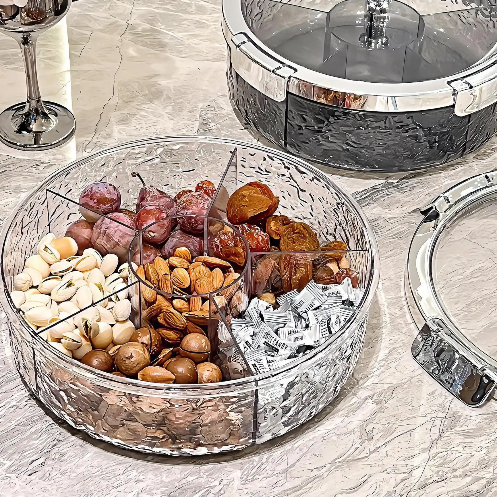 Luxury Glacier Multi-Compartment Sealed Dry Fruit Tray, Ideal for Living Room and Coffee Table, Versatile Candy and Snack Display Dish, Food Containers Storage