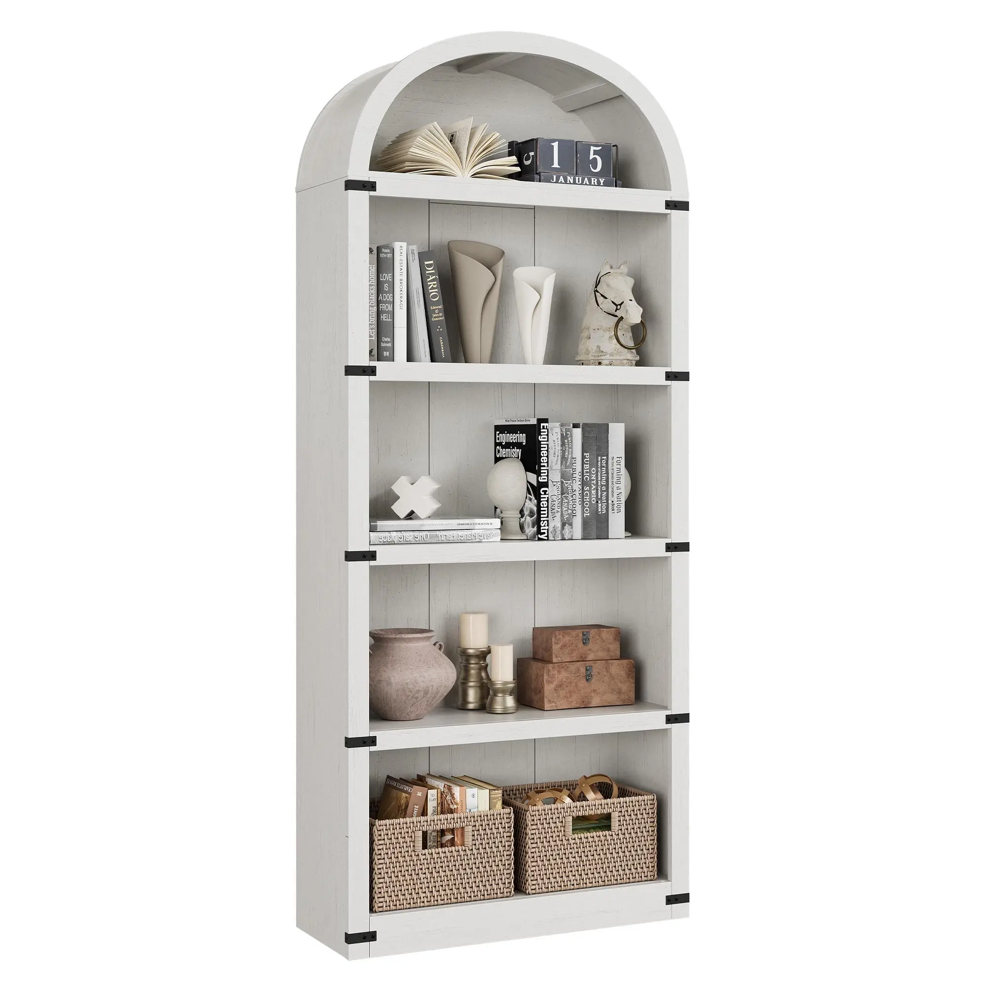 Modern Arched Wooden Bookshelf - 5-Tier Heavy-Duty Wood Storage Cabinet with Doors, 50lbs Capacity Rustic Farmhouse Accent Credenza Cupboard for Home Office, Living Room, Aesthetic Bookshelf