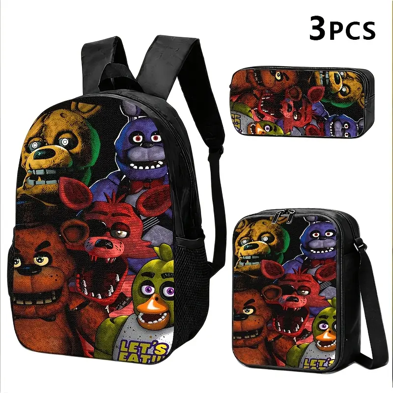 Kids' 3-Piece Horror Theme School Backpack Set Pack, 600D Oxford Fabric Bag with Zipper, Adjustable Straps, Waterproof Insulated Lunch Box & Pencil Case