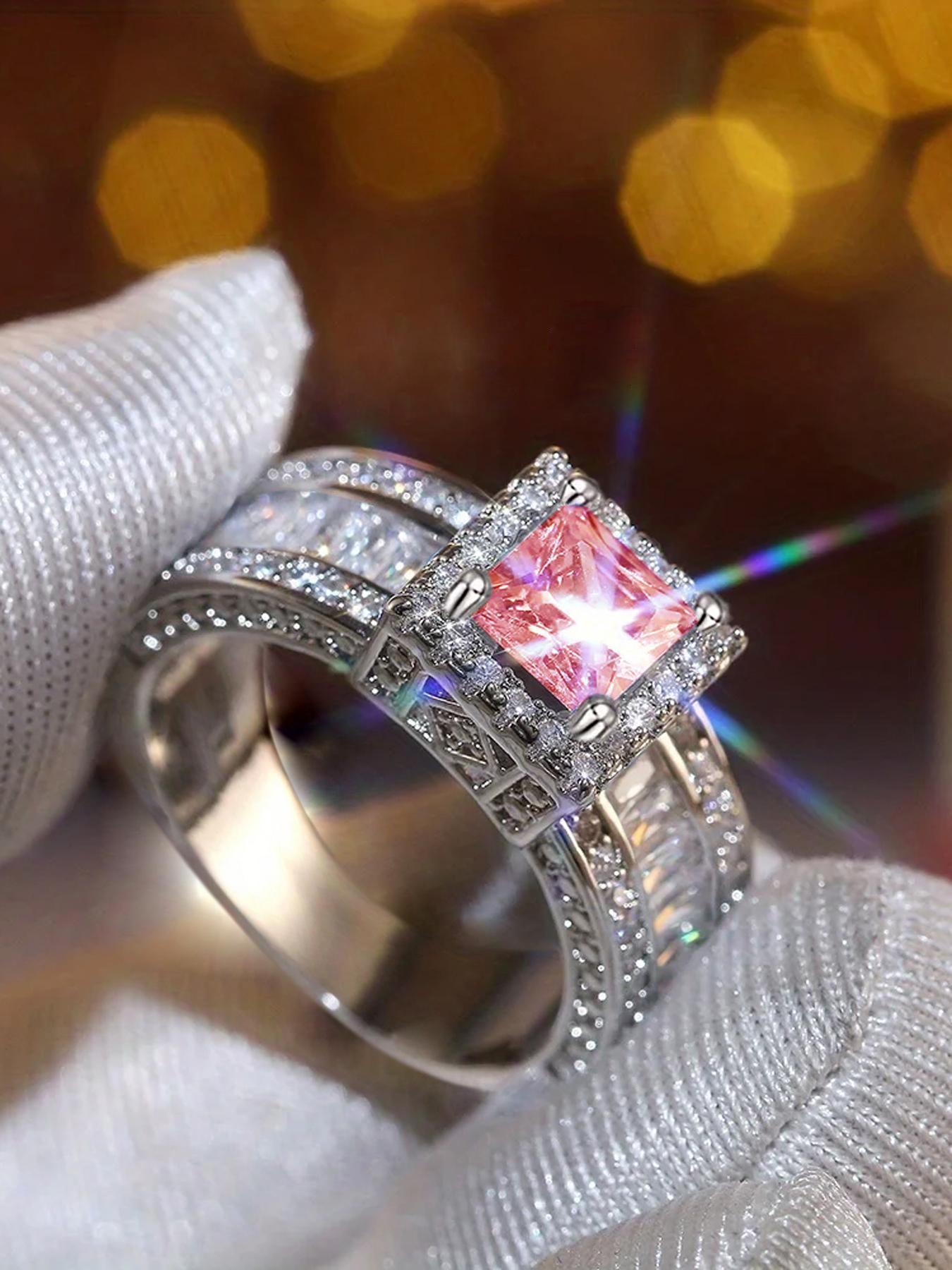 S925 Sterling Silver Fashion Pink artificial Zircon Decorated Emerald Cut Solitaire Ring, Luxury, Fashion Jewelry Accessories for Women, with Box