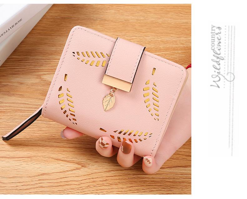 Leaf Short Wallet for Women Korean Style Hollowed Out Fashion Trend Change Zipper Card Bag PUCortical Embossed Leather Daily Matching