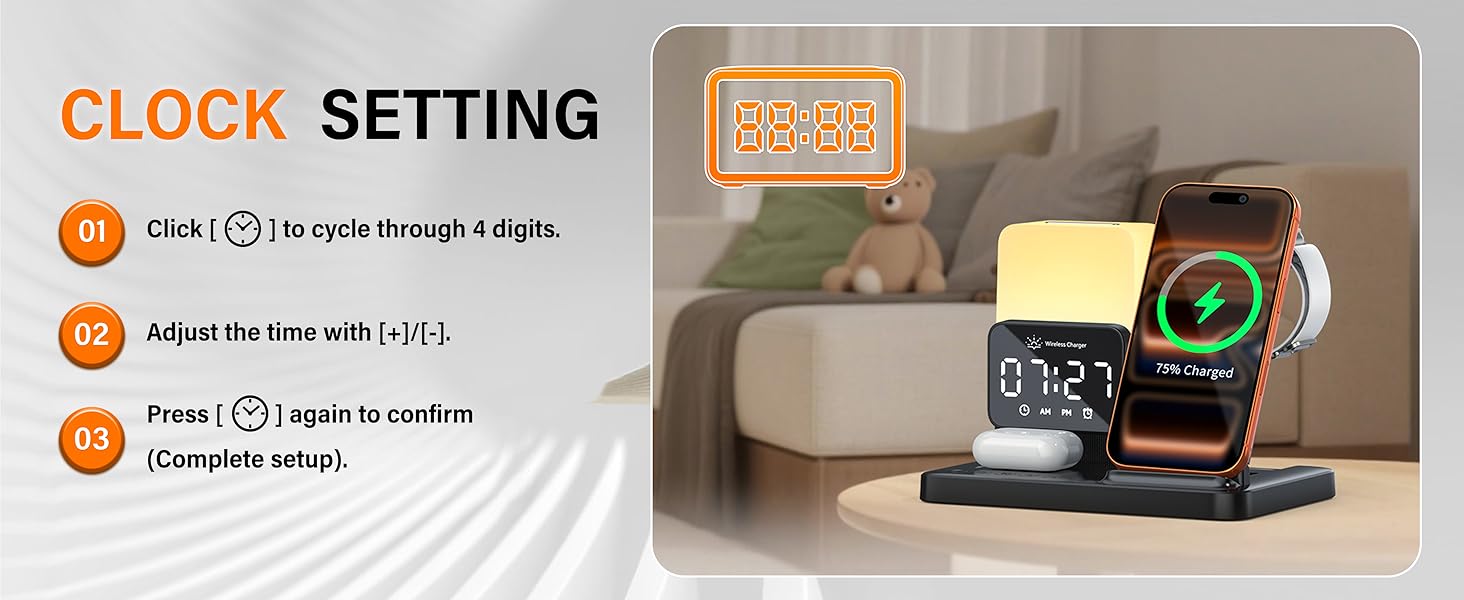 6-in-1 Wireless Charging Station, Charger Stand for Apple Multiple Devices, for iPhone 17 16 15 14 13 12 Pro Max Watch Airpods, Wireless Charger iPhone Charging Station with Night Light/Alarm Clock