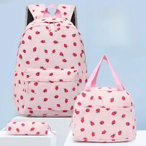 3-Piece Kawaii Backpack Set, Strawberry Print Corduroy School Bookbag for Students with Matching Lunch Bag & Pencil Case