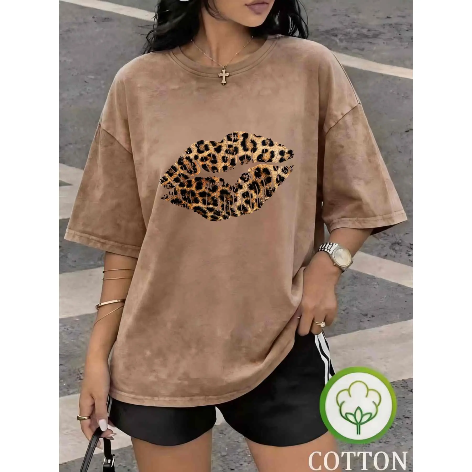 Men's 100% Pure Cotton Round Neck Short-Sleeve Print Tshirt - Unisex Fit, Acid Wash, Medium Length, Leopard Lips All-Over Print, Lightweight Foldable, Casual Chic Year-Round Top, Round Neck Tshirt