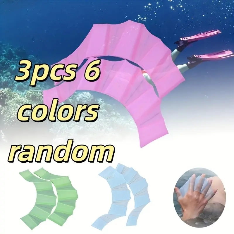 3 Pcs Random Color Dive Gloves, Blue Swimming Hand Paddles, Free Swim Silicone Paddle Gloves, Adult Unisex Full Set Swimsuit Gear