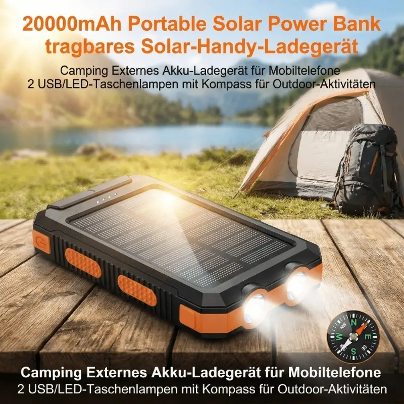 20000mAh Solar Power Bank, Portable Solar Charger with Dual 5V USB Ports, Built-in Flashlight & Compass