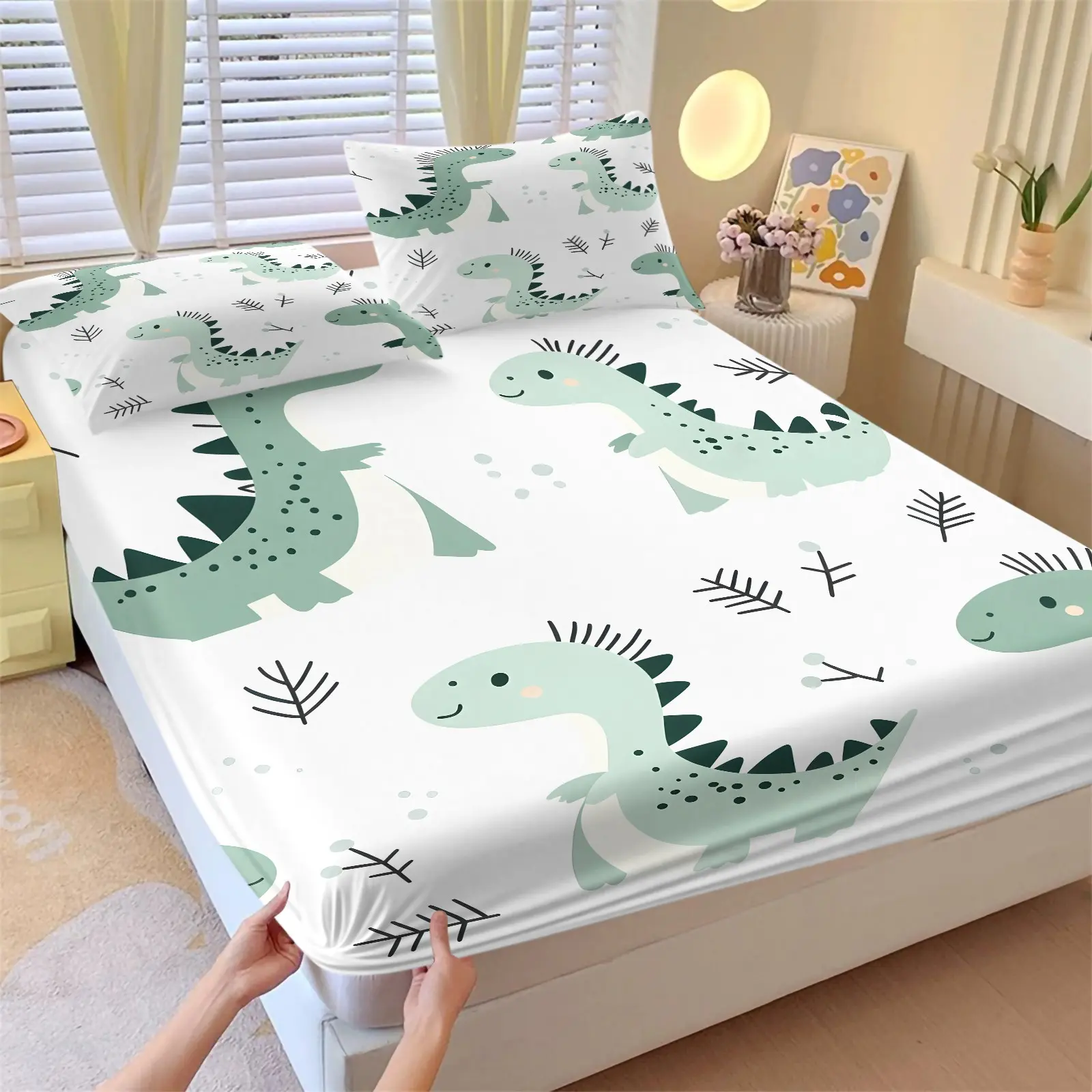 3PCS Kawaii Pastel Green Dinosaur Repeat Print Fitted Sheet Set (1 Fitted Sheet + 2 Pillowcases), Soft Comfortable Breathable Elastic Microfiber Bedding, Non-Slip Deep Pocket Mattress Protector, Minimalist Cute Toddler Boys Bedroom Decor