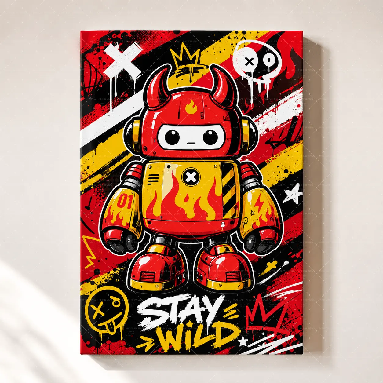 Stay Wild Red Yellow Graffiti Canvas Poster, Urban Devil Robot Wall Art, Bold Print for Teen Bedroom, Entryway, Gaming Room, Modern Aesthetic Home Decor Gift,wall decor,poster.