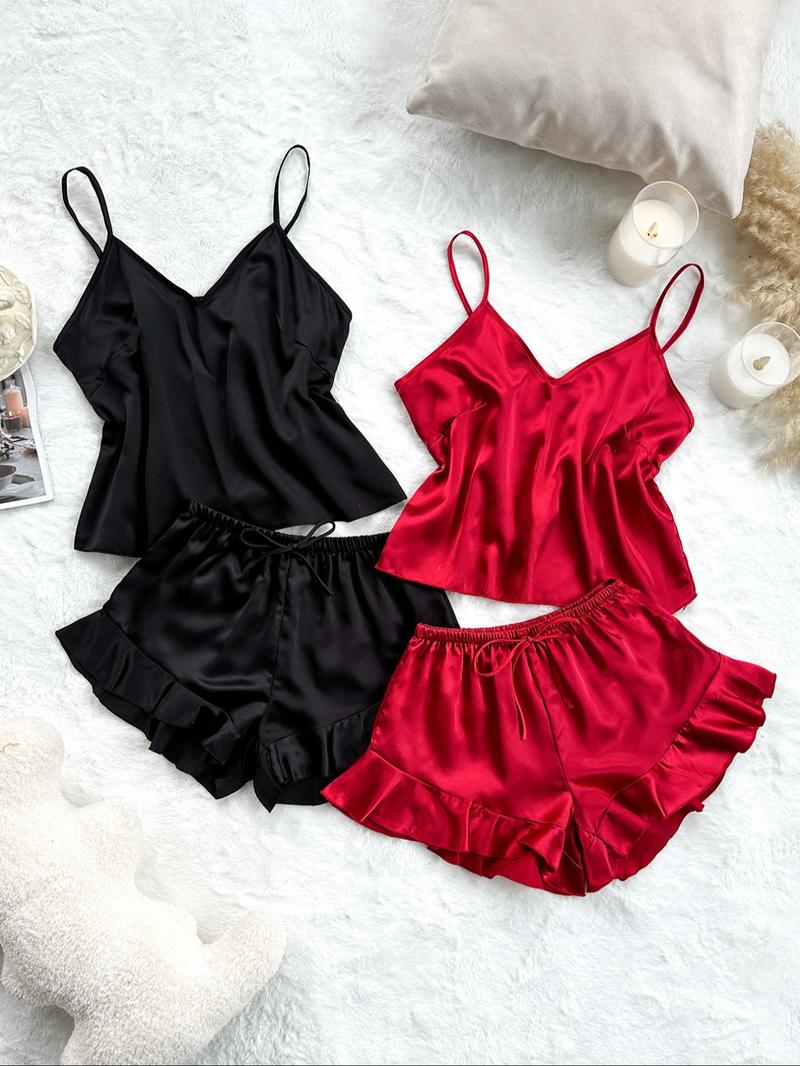 Women's Solid V Neck Cami Top & Elastic Waist Bow Decor Shorts Satin Pyjama Set, Elegant Adjustable Spaghetti Strap Camisole & Ruffle Hem Shorts PJ Set, Ladies Sleepwear for All Seasons, Camisole Sets