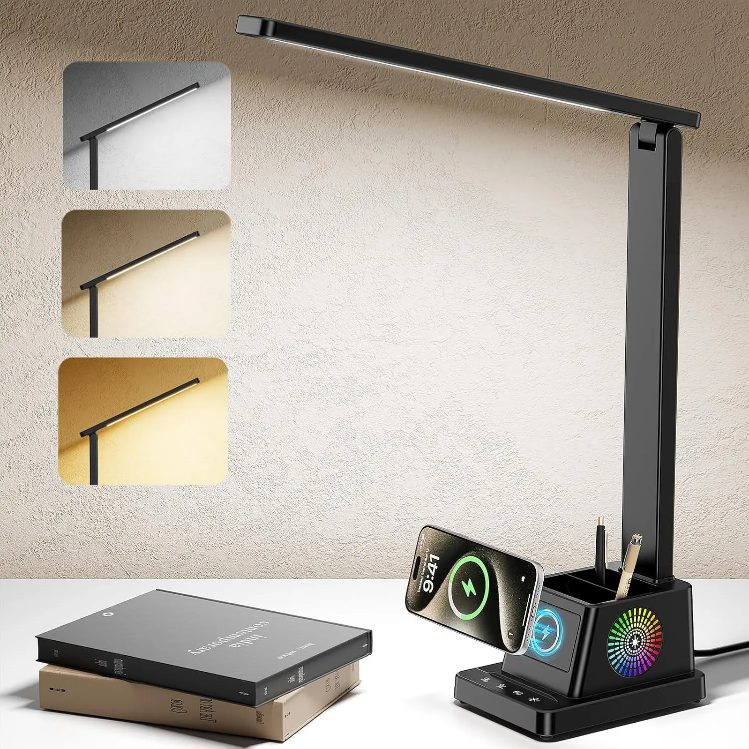 LED Desk Lamp for Home Office with 15W Wireless Charger & Pen Holder, Black - 3 Color Modes, 4 Brightness Levels, CRI 95, 800LM Small Table Lamp for College DormGift