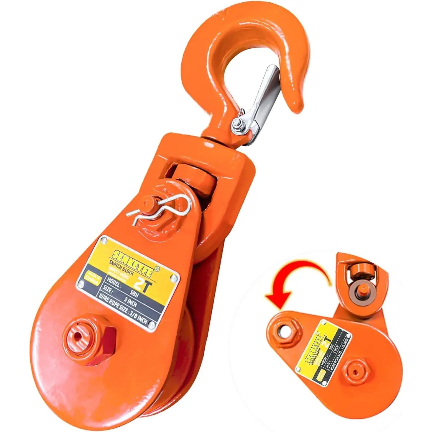 2 Ton WLL Snatch Block Pulley with Hook, Suitable for 3/8" Wire Ropes, For Rollback Wrecker Car Hauler Tow Truck Winch Accessories, Light Orange