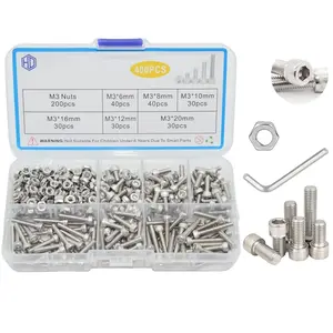 400 count M3 Screw , Metric Hex Socket  Cap , M3*6mm/8mm/10mm/12mm/16mm/20mm Screws and Nuts, Stainless Metric  Nuts Washers Kit with 1 Hex Allen Wrench