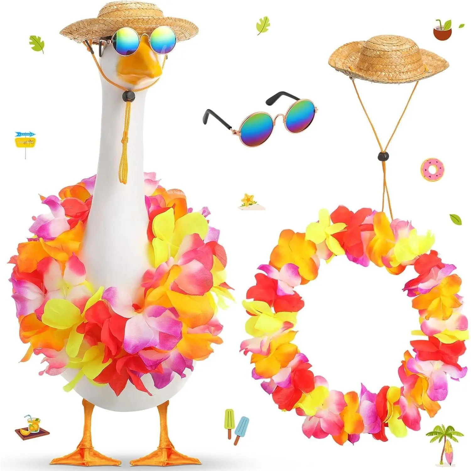 Summer Porch Goose Outfits for Plastic Goose 23/17'' Lawn Patio Statue Clothes Straw Hat and Hawaiian Lei Costume(Tropical Red)