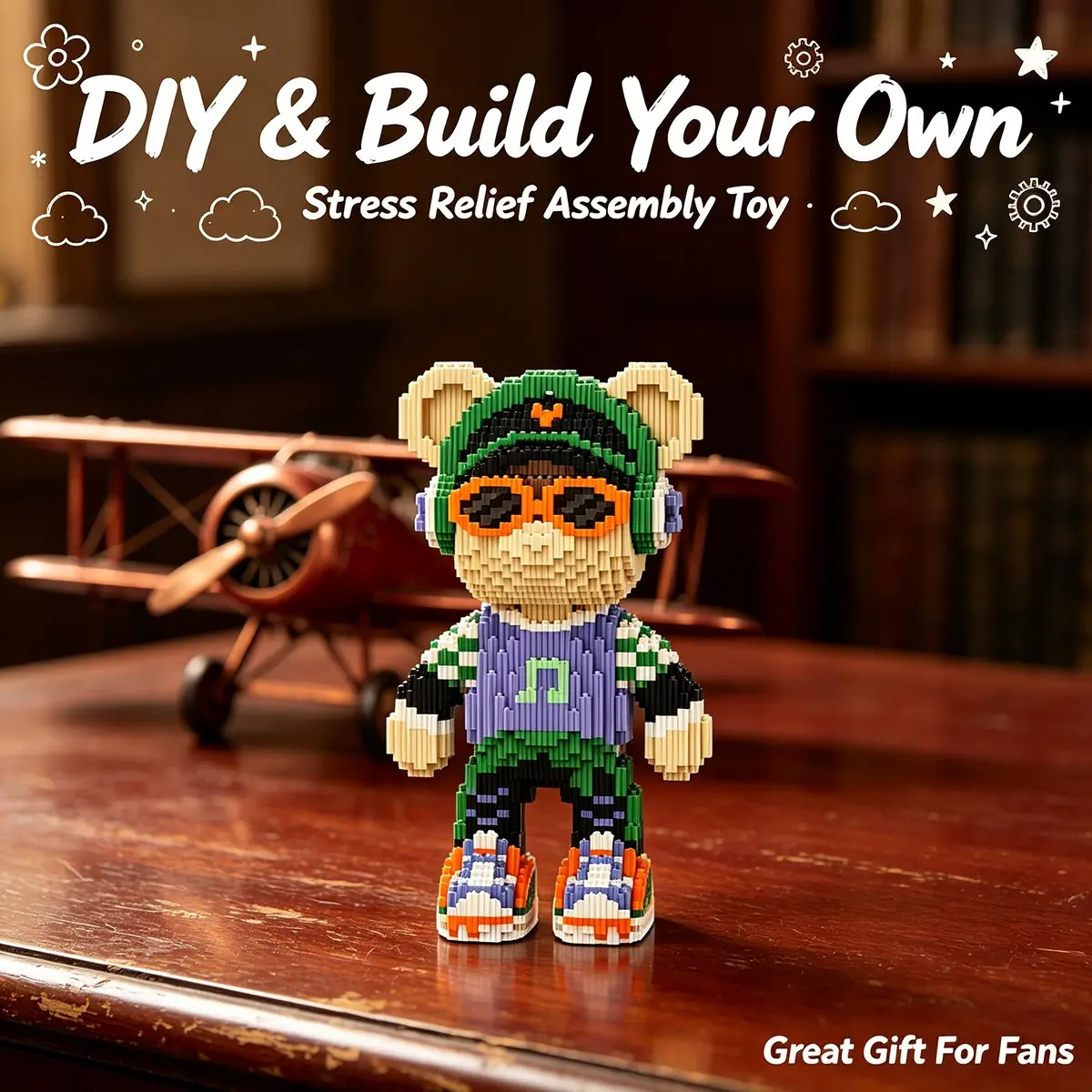 Musician Lucky Bear 3D Puzzle Block Ornament, Home Office Decor, Party Decoration, Ideal Gift, Handmade Craft, Fine Carving, Lightweight Statue