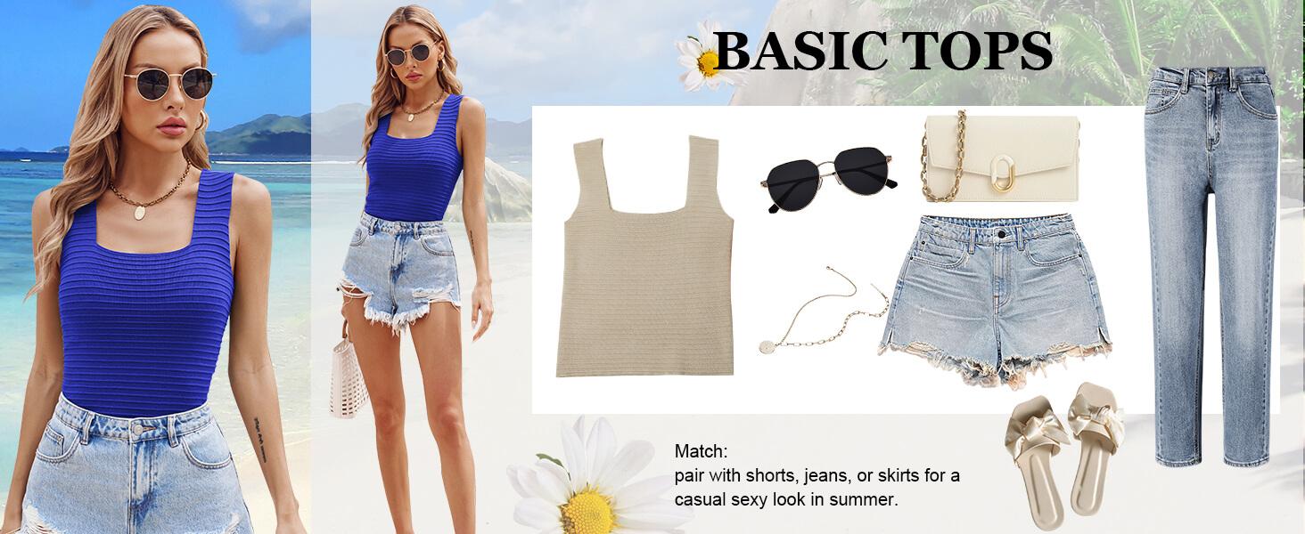 Womens Ribbed Tank Tops 2026 Summer Sleeveless Square Neck Shirts Casual Slim Fitted Knit Shirts for Beach & Workout Premium Fabric Low-Cut Square Neck Sleeveless Design - Womenswear, Basic