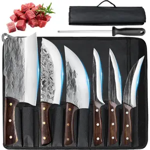 7PCS Kitchen Knife Set, Non-Stick High Carbon Stainless Steel Knife Set, Chef's Knife Set with Roll Bag, Professional Butcher Boning Meat Cleaver, Japanese Forged Hammered Knife Set