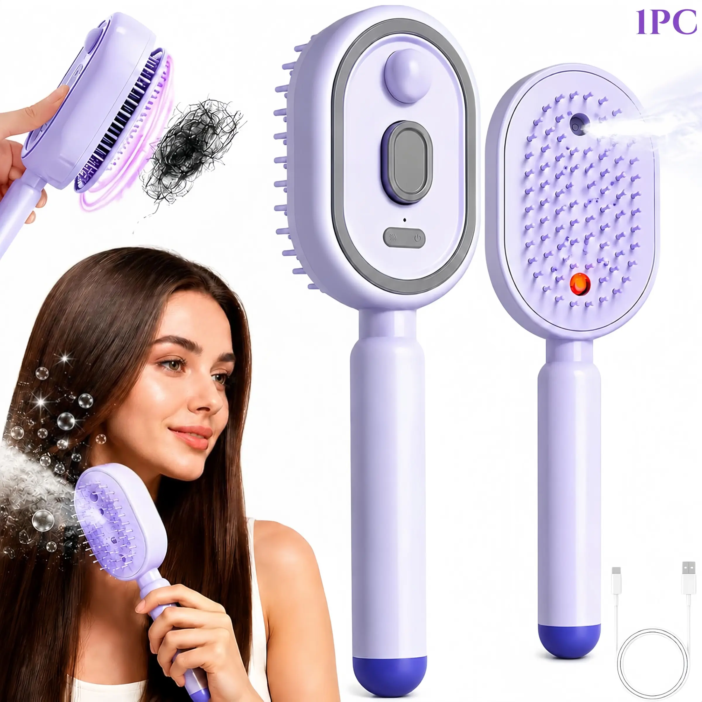 Electric Spray Massage Comb, 3-in-1 Electric Mist Spray Hair Brush, Retractable Hair Massage Brush, Anti Frizz Brush for Frizzy Hair & Scalp Care, Relieve Tangles & Dryness, Lightweight Portable Design for Travel Daily Use
