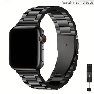 TuckClasp Stainless Steel Apple Watch Band (Band Only), Three-Bead Link Design with Folding Buckle, Adjustable Smartwatch Strap with Tool, Durable Replacement Band for Everyday Wear