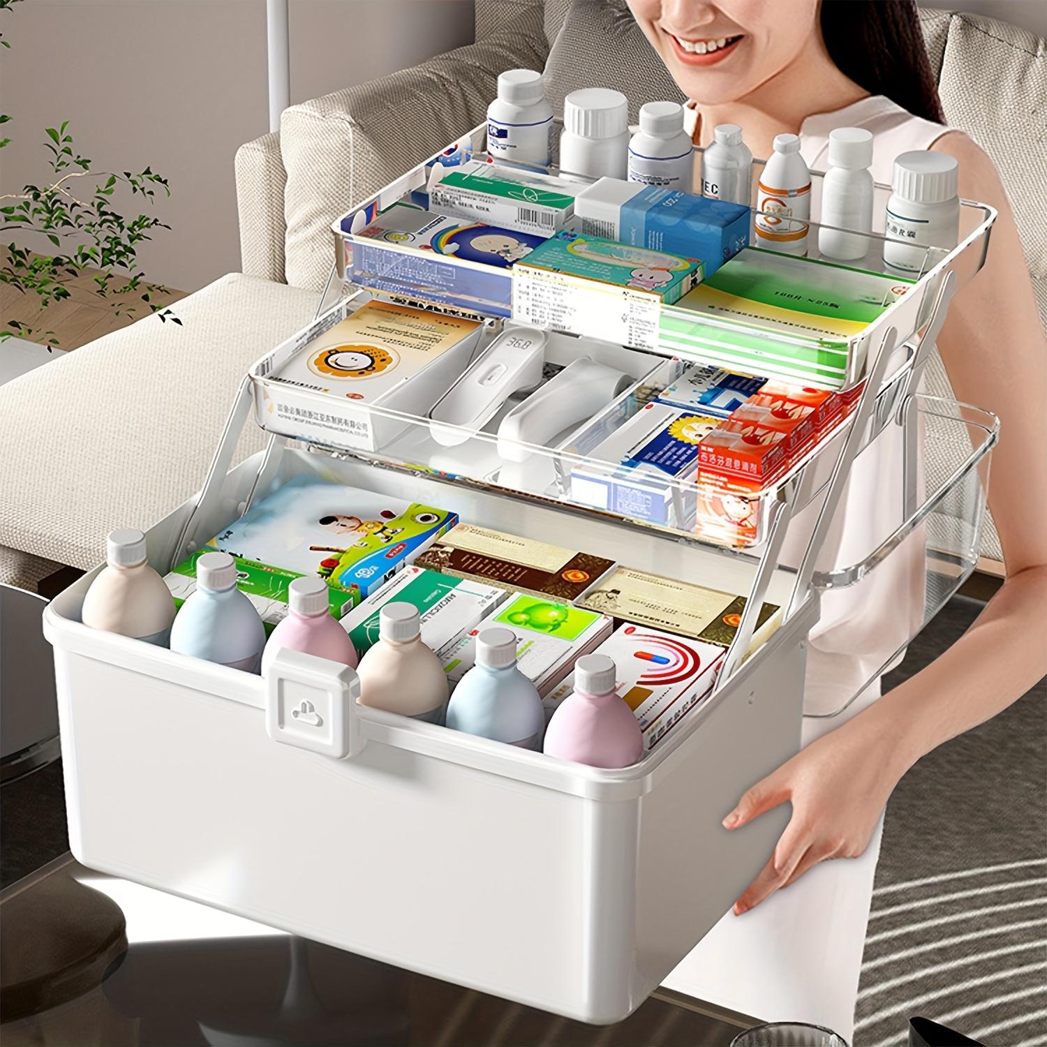 Three-Layer Large Capacity Household Medicine Box, Multi-Functional Storage Box, Foldable Tool Box, Art and Craft Storage Box, Sewing Supplies Organizer, Home First Aid Kit, Kitchen, Bedroom, Bathroom, Garage Medicine Storage Box with 2 Trays