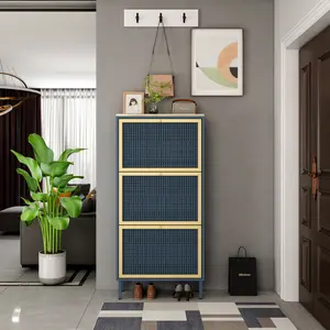 Littleox 3 Metal Door Freestanding Modern Shoe Rack Metal Rattan Shoe Storage Cabinet Sleek Closed Shoe Organizer For Entryway Hallway Corridor Living Room Apartment Small Space
