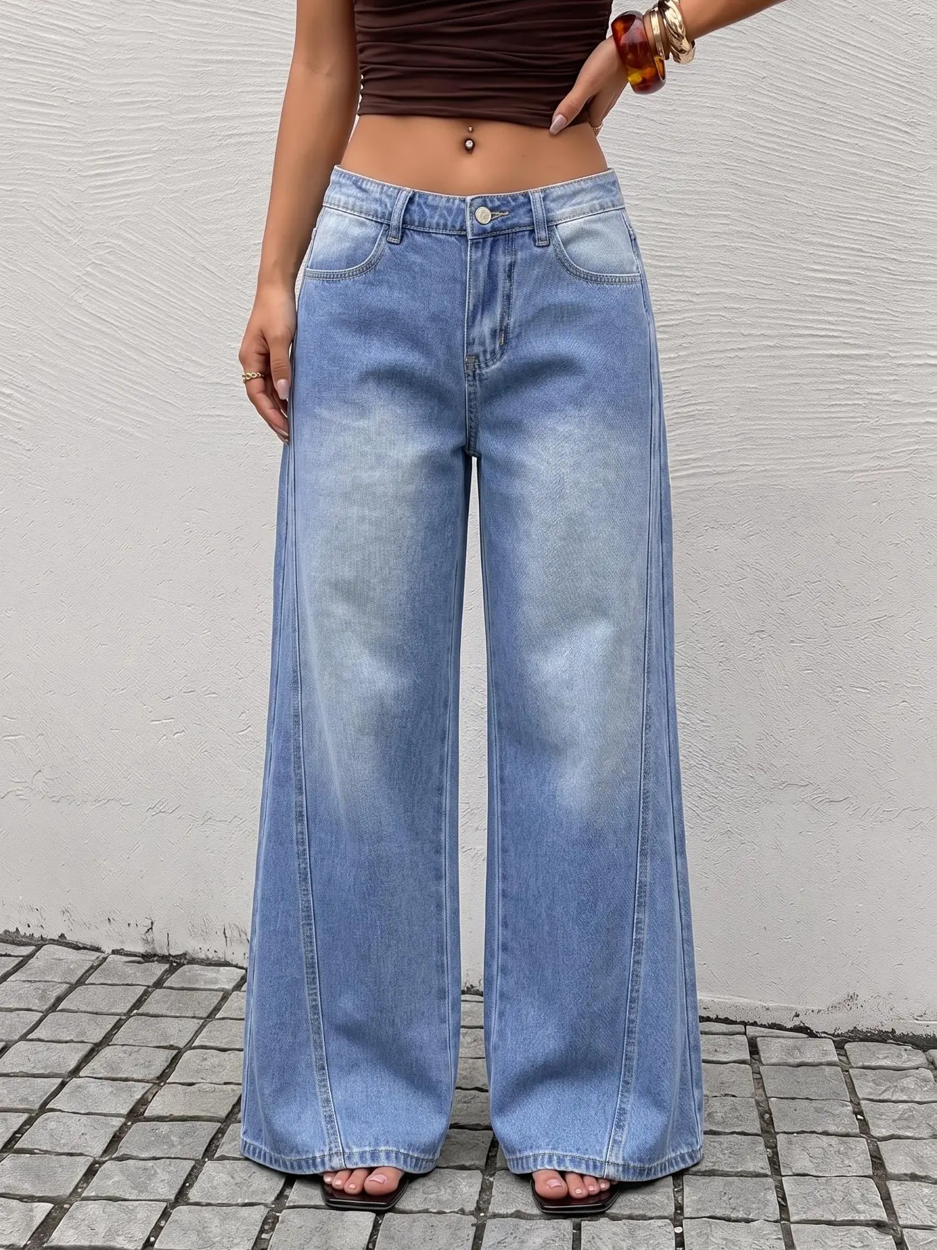 Vintage Washed Light Blue Wide Leg Loose High Waist Vertical Stitch Women's Casual Streetwear Jeans, Comfortable and Stylish