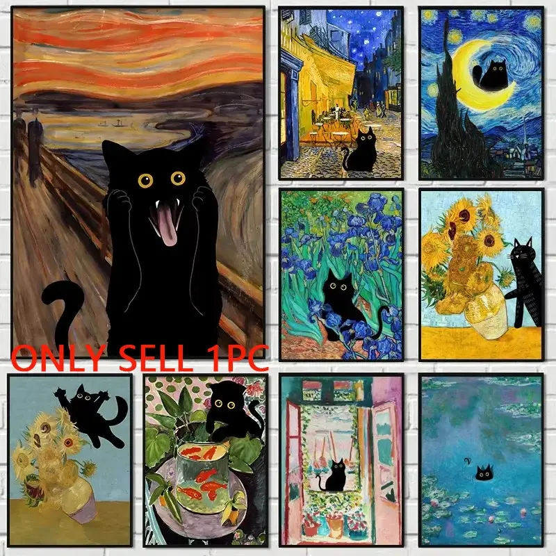 1PC Claude Monet Artworks Interesting Cute Black Cat Lotus Pond Poster Canvas Paintings Wall Art Pictures for Living Room Home Decor (42 Styles Available)