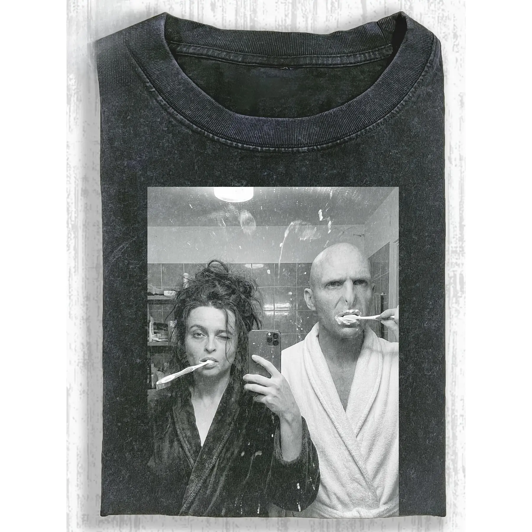 Men's Acid Wash Cotton T-Shirt with Funny Voldemort & Bellatrix Meme Graphic, Oversized Short Sleeve Crew Neck for Retro Grunge Streetwear, Tshirt, Shortsleeve, Distressed