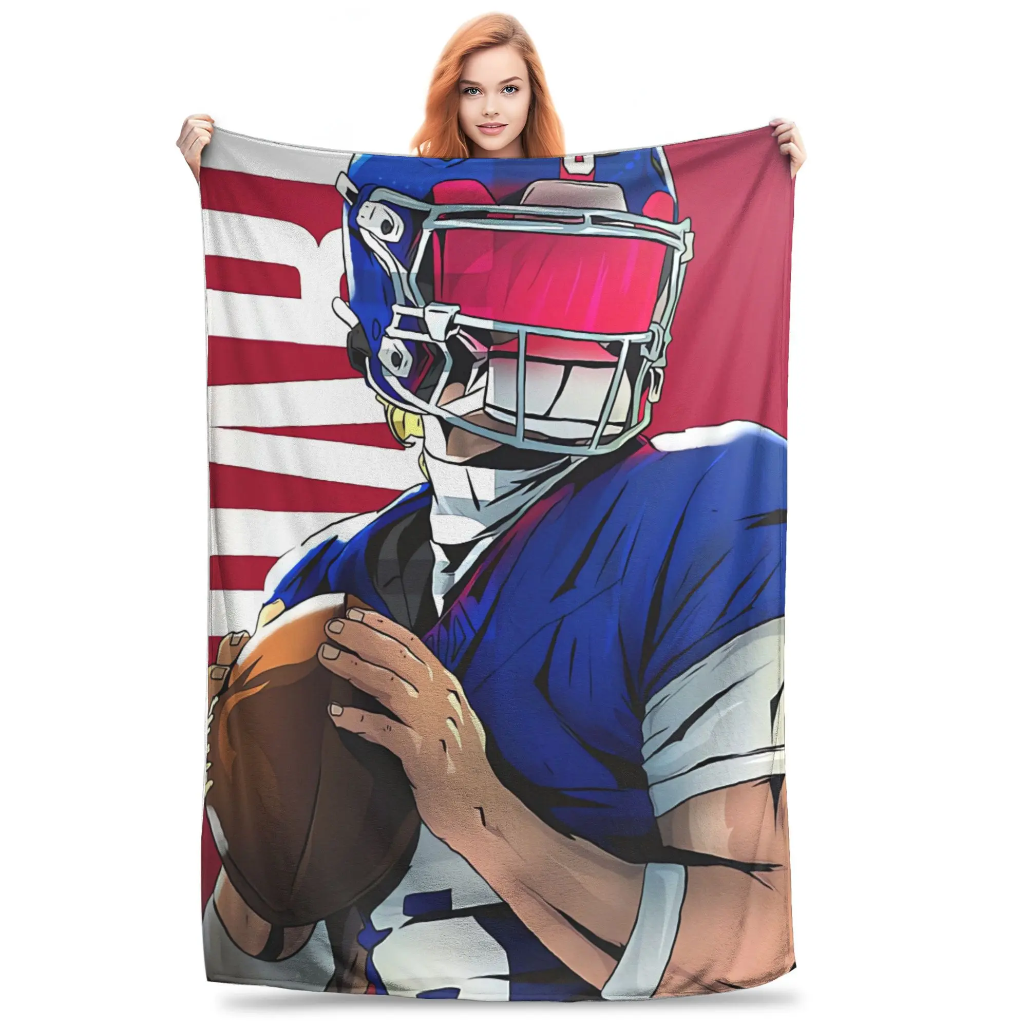 New York Giants Quarterback American Flag Background Flannel Throw Blanket NFL Football Player Graphic Warm Blanket Gift Giants Football Fans All Ages