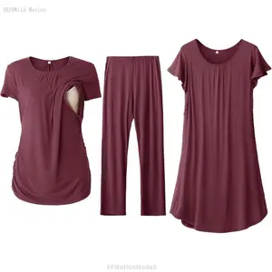 Women 3 PCS Maternity Nursing Nightgown Dress & Short Sleeve Breastfeeding Top & Pregnancy Pants Sleepwear SetFFMotionModeAB19Wild Motion